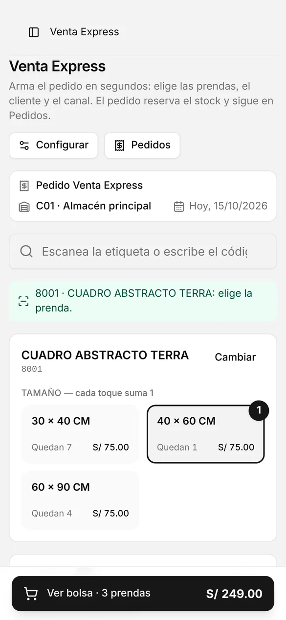 Venta Express en el celular: un cuadro elegido por tamaño, con cuántos quedan de cada medida, y el botón para ver la bolsa