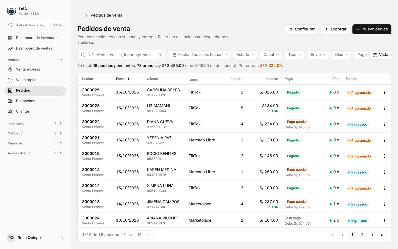 Listado de pedidos de venta con cliente, canal, unidades, importe, estado de pago (pagado, pago parcial, sin pago y cuánto debe), días y estado; arriba, el total por cobrar