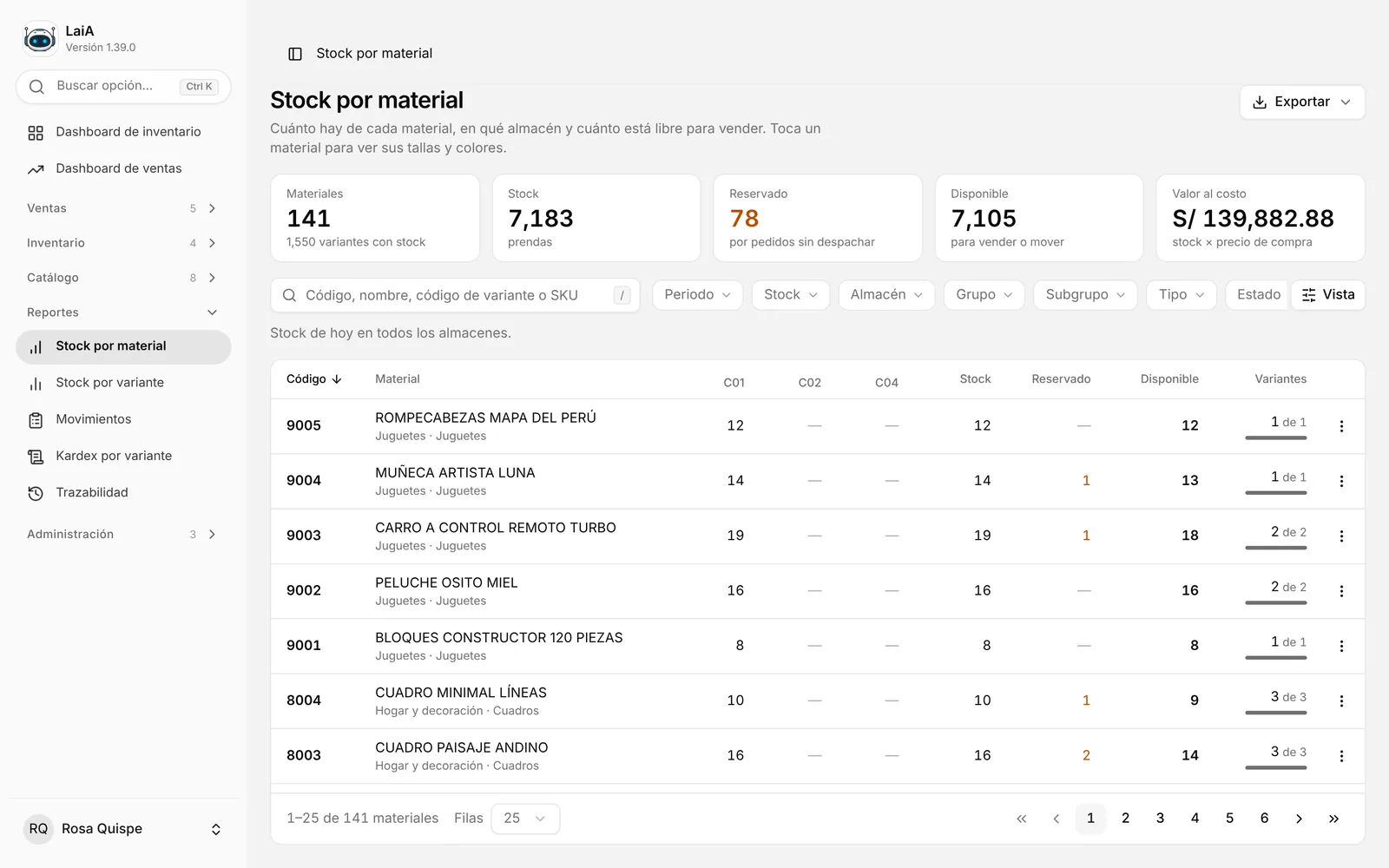 Reporte de stock por material: juguetes y cuadros con su stock por almacén, lo reservado para pedidos y lo disponible